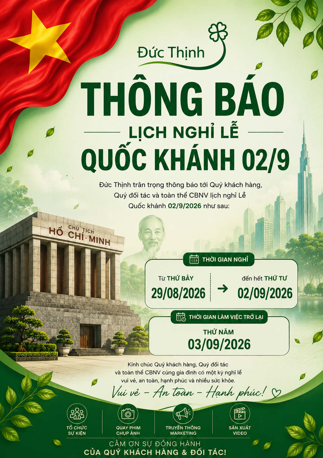 THÔNG BÁO LỊCH NGHỈ LỄ QUỐC KHÁNH 2-9-2026